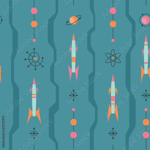Space retro futurism - mid-century modern art vector background. Abstract geometric seamless pattern. Decorative ornament in vintage design style. Atomic stylized backdrop. 