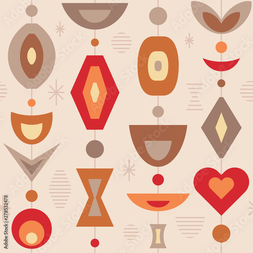 Mid-century modern art vector background. Abstract geometric seamless pattern. Decorative ornament in retro vintage design style. Atomic stylized backdrop. 