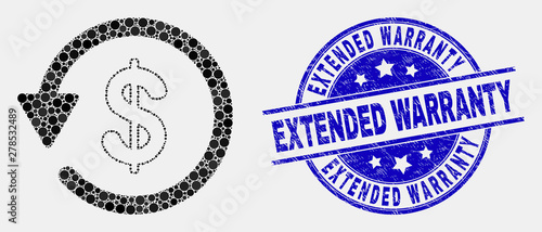 Pixelated dollar refund mosaic icon and Extended Warranty seal stamp. Blue vector rounded scratched seal with Extended Warranty phrase. Vector composition in flat style.