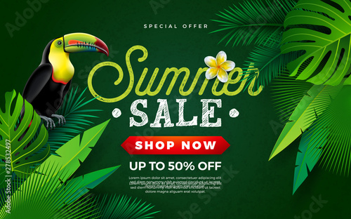 Summer Sale Design with Flower, Toucan Bird and Tropical Palm Leaves on Green Background. Vector Holiday Illustration with Special Offer Typography Letter for Coupon, Voucher, Banner, Flyer
