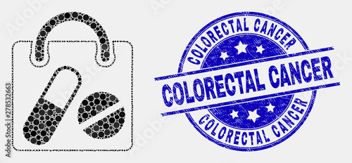 Pixelated drugs shopping bag mosaic pictogram and Colorectal Cancer seal stamp. Blue vector rounded distress seal stamp with Colorectal Cancer message. Vector collage in flat style.