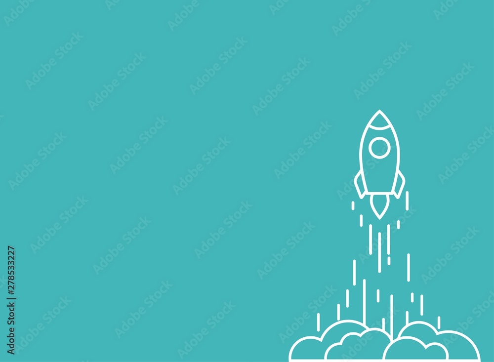 Rocket line ship with fire and clouds. Isolated on powder blue. Flat linear vector illustration with flying shuttle. Rocket line ship with fire and clouds. Isolated on powder blue. Flat linear vector illustration with flying shuttle.