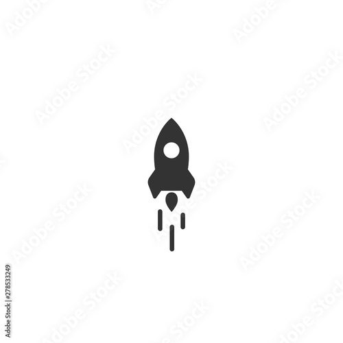 Rocket ship with fire. Isolated on white. Flat icon. Vector illustration with flying rocket.