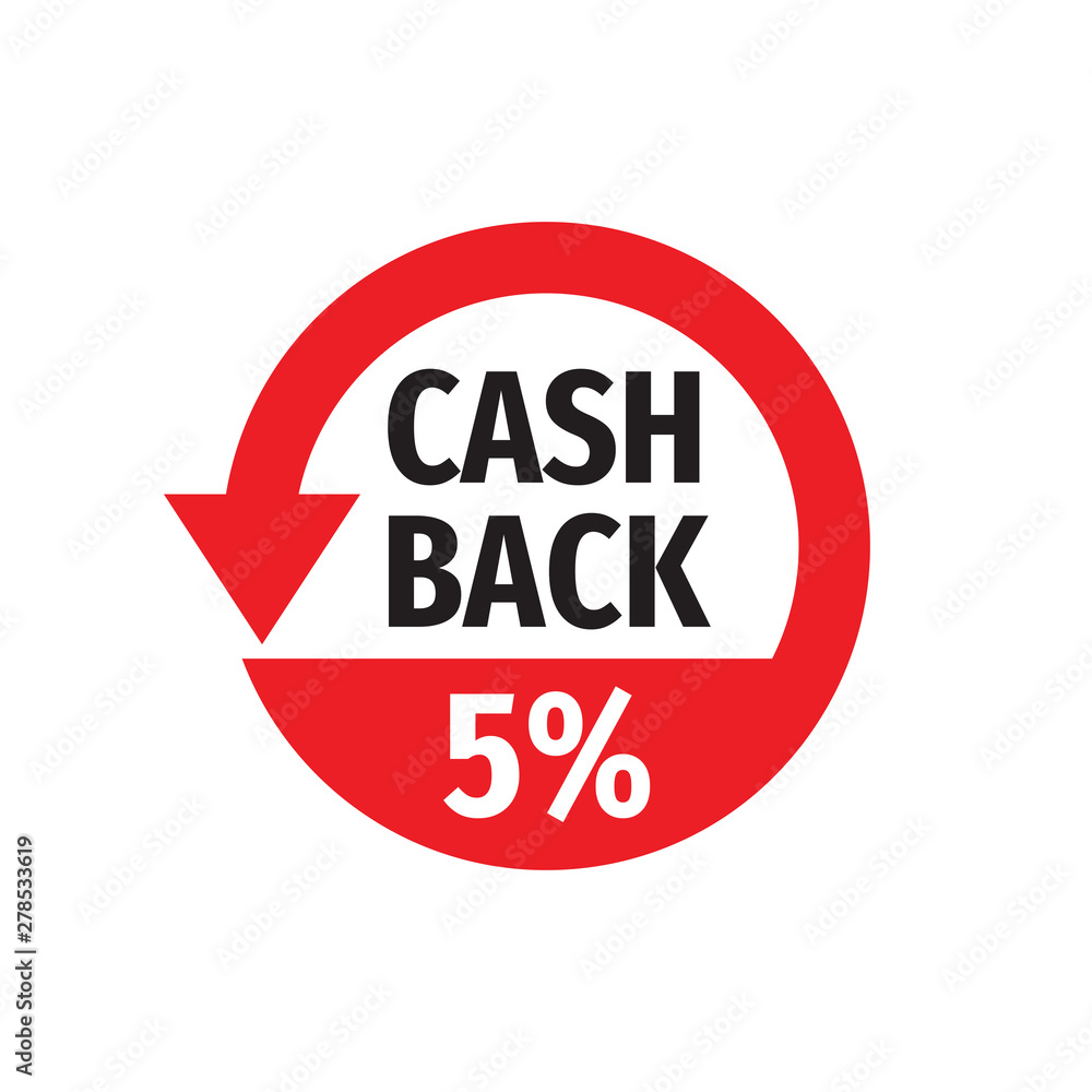 Cash back 5% money refound - concept badge vector illustration on white background. Emblem label sticker. Graphic design element. Cash back 5% money refound - concept badge vector illustration on white background. Emblem label sticker. Graphic design element.
