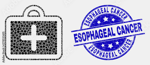 Pixel first-aid case mosaic icon and Esophageal Cancer seal stamp. Blue vector rounded scratched seal stamp with Esophageal Cancer message. Vector combination in flat style.