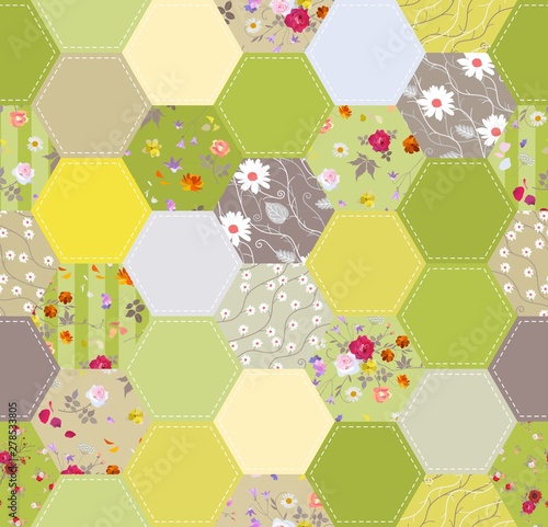 Summer patchwork pattern with flowers in green colors. Seamless design for fabric and textile.