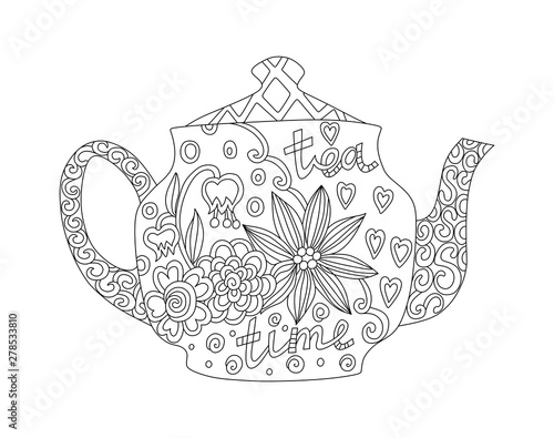 Coloring book with beautiful teapot with floral ornament. Black and white illustration.
