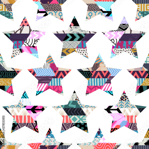 Seamless pattern with stars. Patchwork. Freehand drawing