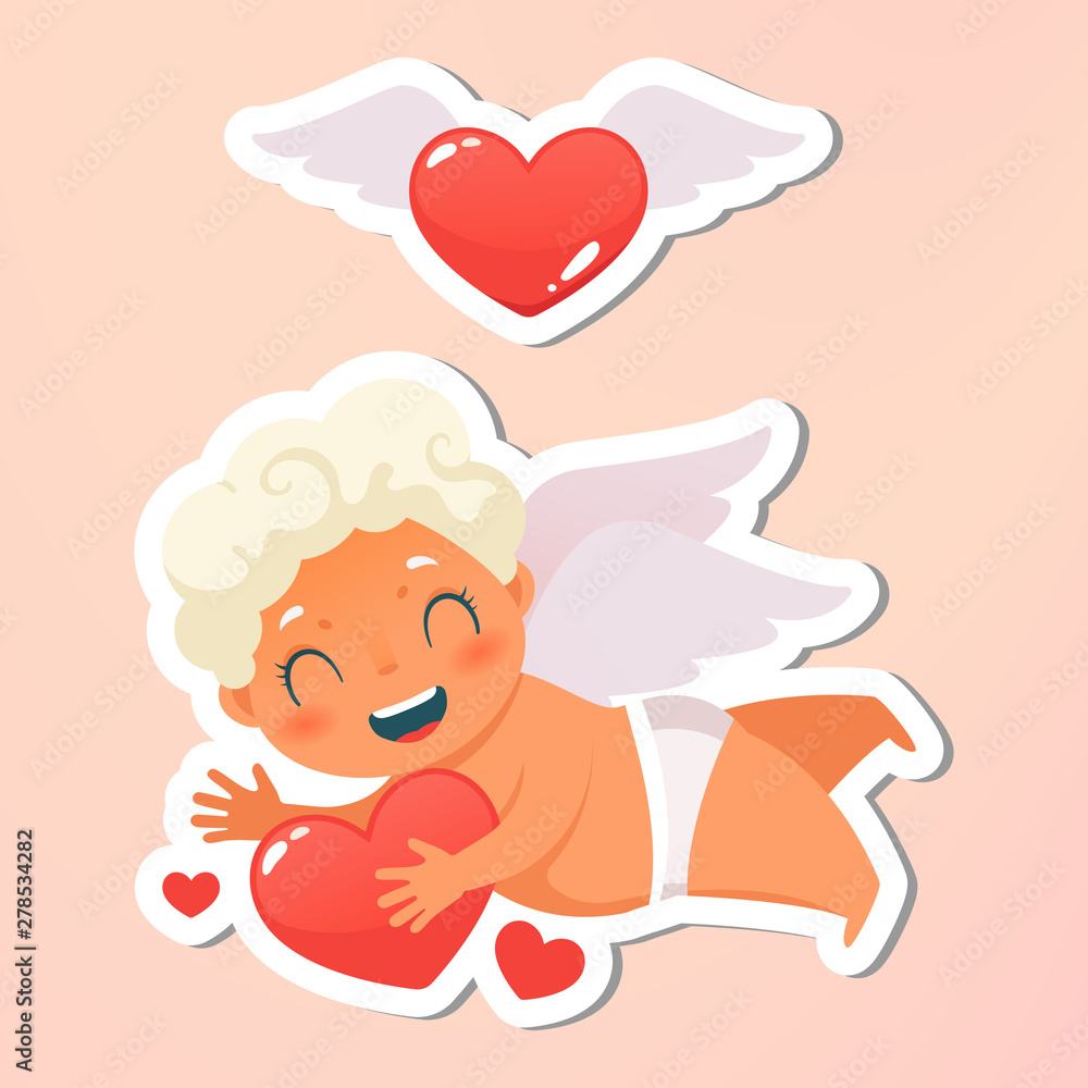 Greeting card. Valentines Day card and letter. Holiday, event, wedding, festive banner. Beautiful happy cupid flying in clouds. Angel holding love heart. Vecor illustration. Isolated on background