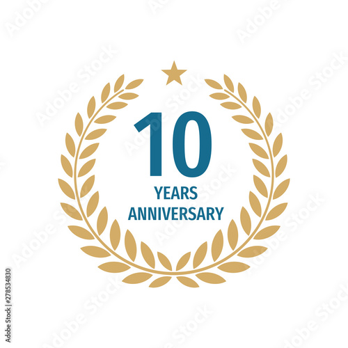 10 th years anniversary badge design with a laurel wreath. Ten years birthday logo emblem. 