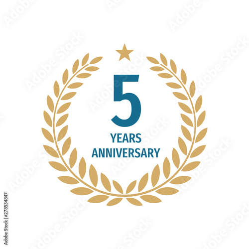 5th years anniversary badge design with a laurel wreath. Five years birthday logo emblem. 