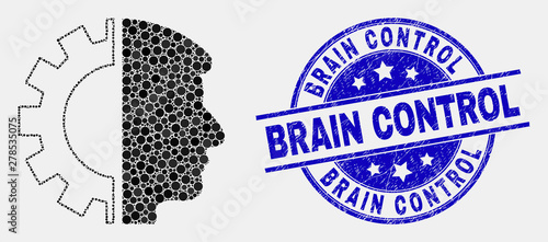 Dot head gear mosaic pictogram and Brain Control seal stamp. Blue vector round scratched seal stamp with Brain Control phrase. Vector composition in flat style.
