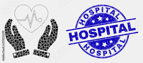 Dot heart surgery care hands mosaic icon and Hospital seal stamp. Blue vector rounded textured watermark with Hospital title. Vector collage in flat style.