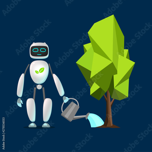 RPA robot. Android helps care of nature. Nature protection, artificial intelligence, robatized work, Care of cleanliness Robotic technologies for protect nature and  planet