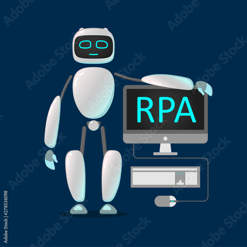 RPA. The robot is working. Cute robot helps people to perform different tasks. artificial Intelligence. Chat bot
