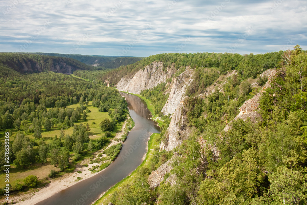 Beautiful natural scenery of the river in Russia with mountains