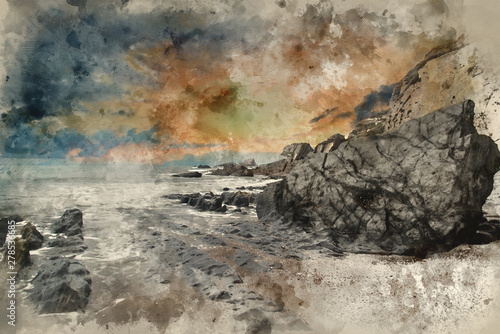 Digital watercolour painting of Landscape seascape of jagged and rugged rocks on coastline © veneratio