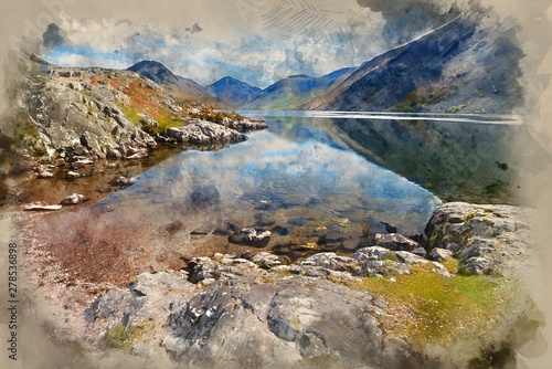 Digital watercolour painting of Stunning landscape of Wast Water with reflections in calm lake water in Lake District