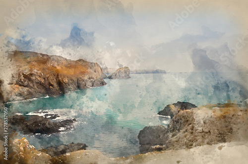 Digital watercolour painting of Kynance Cove high tide sunset