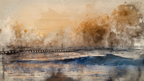 Fototapeta Naklejka Na Ścianę i Meble -  Digital watercolour painting of Beautiful dramatic stormy landscape image of waves crashing onto beach at sunrise