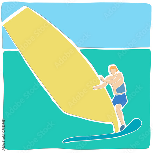 Single male windsurfer on windsurf board. Applique or paper cut style. Colorful vector illustration.