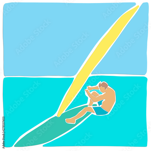 Single male windsurfer on windsurf board. Applique or paper cut style. Colorful vector illustration.