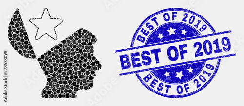 Dotted open mind star mosaic icon and Best of 2019 seal. Blue vector rounded textured stamp with Best of 2019 text. Vector composition in flat style.
