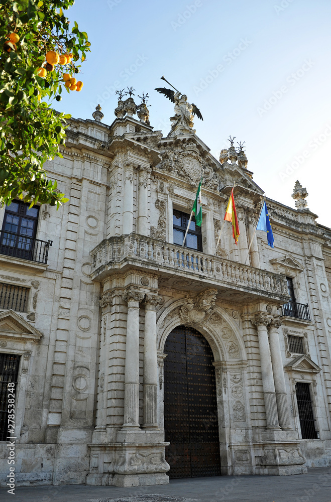 Fototapeta premium Main facade of the Rectorship of Public University of Seville, former Royal Tobacco Factory (Real Fabrica de Tabacos). Andalusia, Spain
