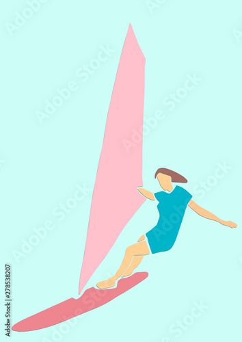 Single female windsurfer on windsurf board. Applique or paper cut style. Colorful vector illustration.
