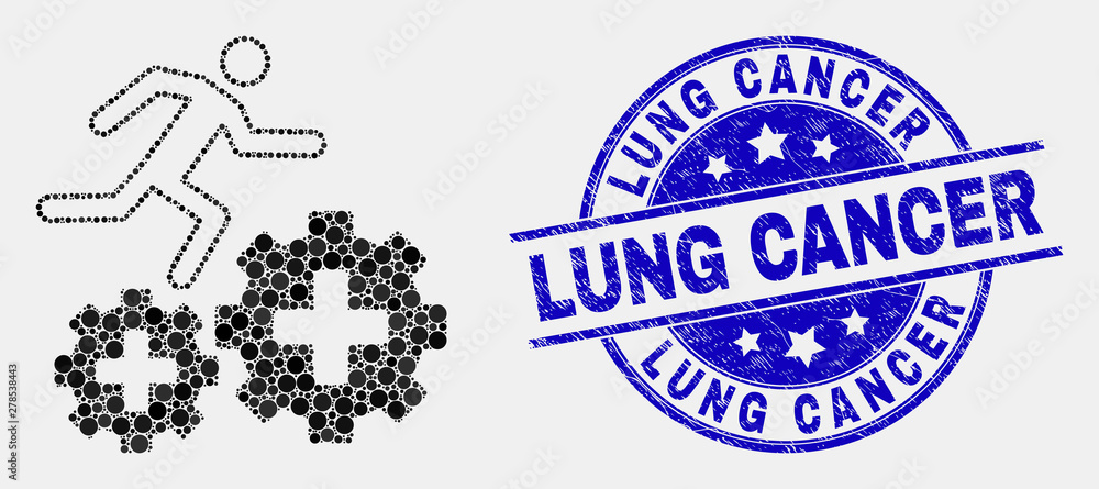 Fototapeta premium Dot patient run over gears mosaic pictogram and Lung Cancer seal. Blue vector rounded scratched seal with Lung Cancer text. Vector composition in flat style.