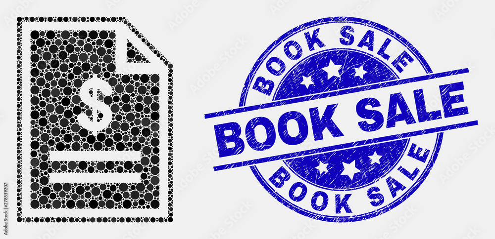 Pixelated price page mosaic pictogram and Book Sale stamp. Blue vector rounded distress seal with Book Sale phrase. Vector collage in flat style.