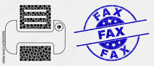 Pixelated printer mosaic icon and Fax seal stamp. Blue vector rounded distress seal stamp with Fax text. Vector collage in flat style. Black isolated printer illustration of randomized spheres,