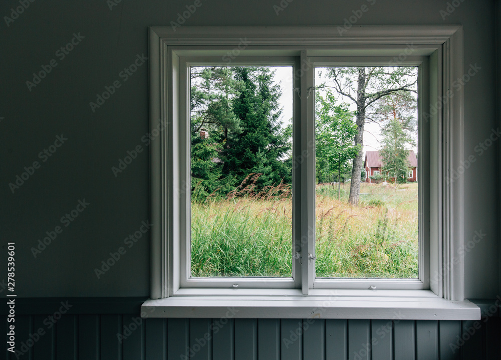window view garden background. finland classic landscape window view garden background. finland classic landscape