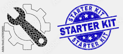 Dot service tools mosaic icon and Starter Kit seal stamp. Blue vector rounded distress seal stamp with Starter Kit message. Vector combination in flat style.