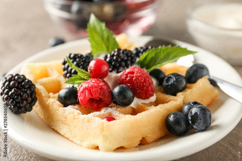 Composition of breakfast with belgian waffle, space for text Composition of breakfast with belgian waffle, space for text