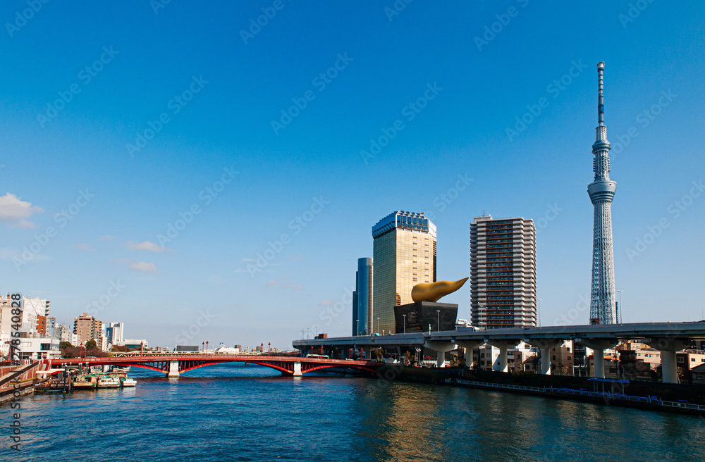 Obraz premium Asahi Beer Hall Tower against blue sky, Japan famous modern landmark