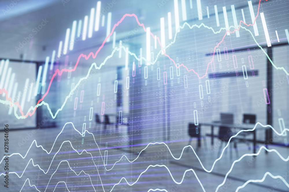 Stock and bond market graph with trading desk bank office interior on background. Multi exposure. Concept of financial analysis Stock and bond market graph with trading desk bank office interior on background. Multi exposure. Concept of financial analysis