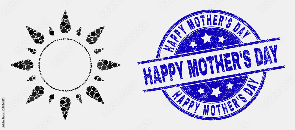Fototapeta premium Dotted sunshine mosaic pictogram and Happy Mother'S Day stamp. Blue vector round distress seal stamp with Happy Mother'S Day title. Vector composition in flat style.