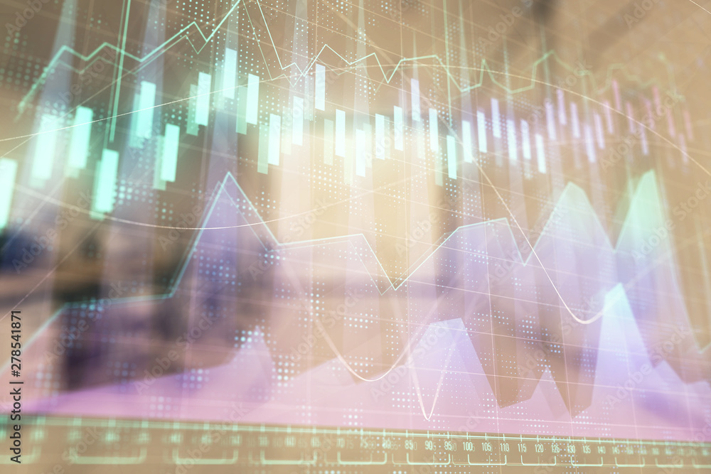 Stock market chart with trading desk bank office interior on background. Double exposure. Concept of financial analysis Stock market chart with trading desk bank office interior on background. Double exposure. Concept of financial analysis