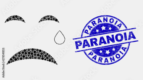 Dot tear smiley mosaic icon and Paranoia seal. Blue vector rounded grunge seal stamp with Paranoia phrase. Vector collage in flat style. Black isolated tear smiley mosaic of randomized circles,