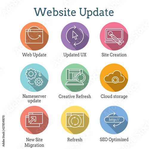 Website Update Icon Set with seo update, site creation, and name server update
