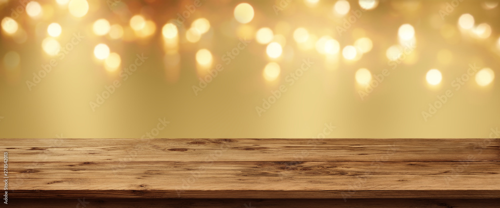 Golden bokeh background with rustic table - obrazy, fototapety, plakaty 