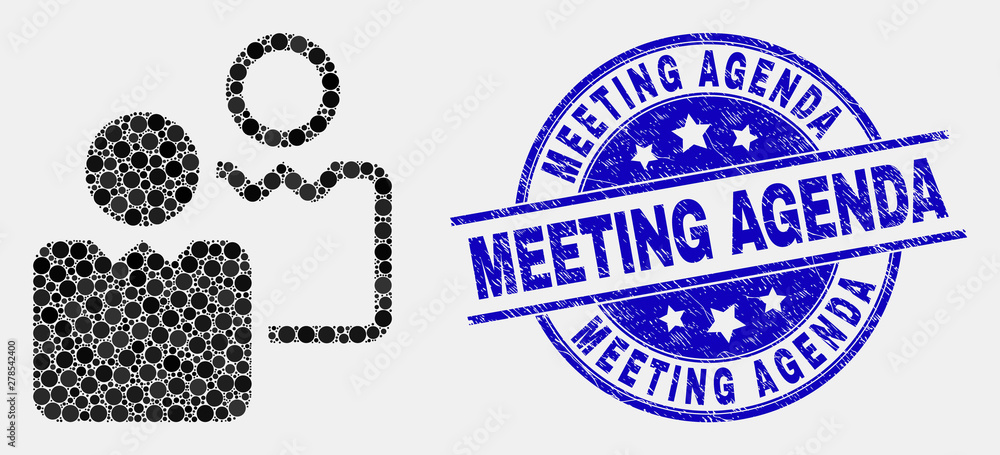 Pixel users mosaic icon and Meeting Agenda seal. Blue vector round distress stamp with Meeting Agenda text. Vector collage in flat style. Black isolated users mosaic of scattered spheres,