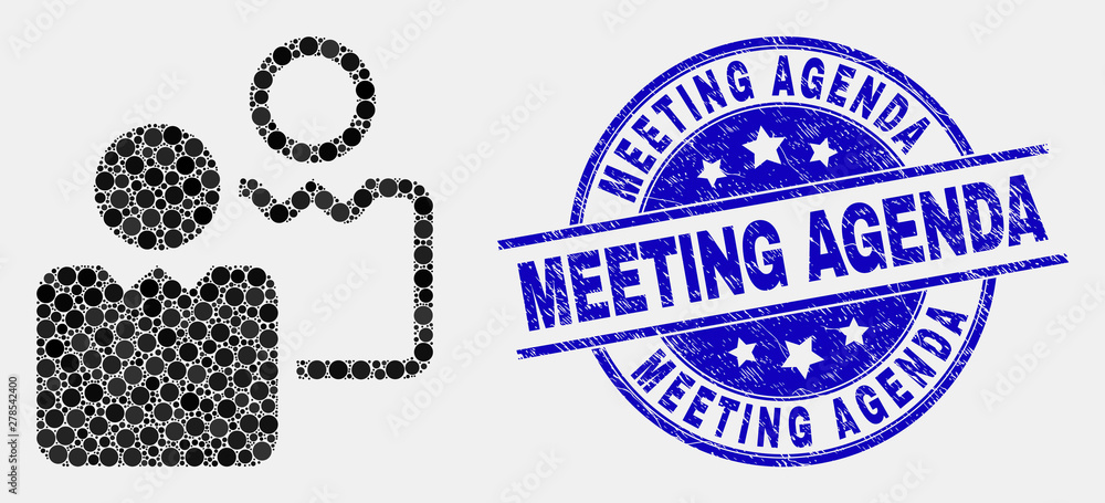 Obraz premium Pixel users mosaic icon and Meeting Agenda seal. Blue vector round distress stamp with Meeting Agenda text. Vector collage in flat style. Black isolated users mosaic of scattered spheres,