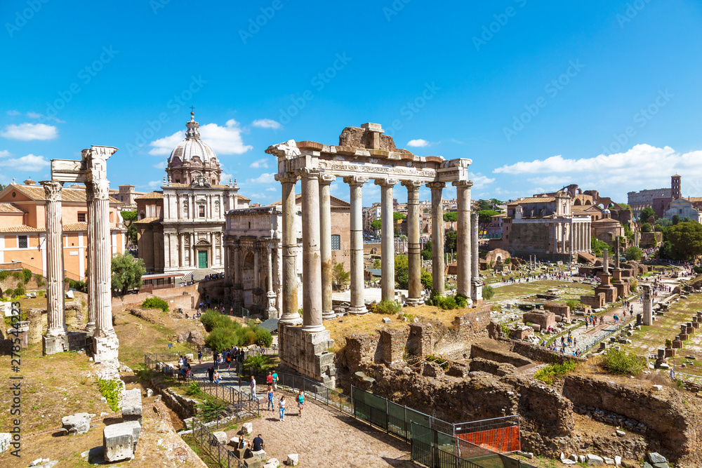View of the ruins of a Roman forum with famous sights, Rome, Italy