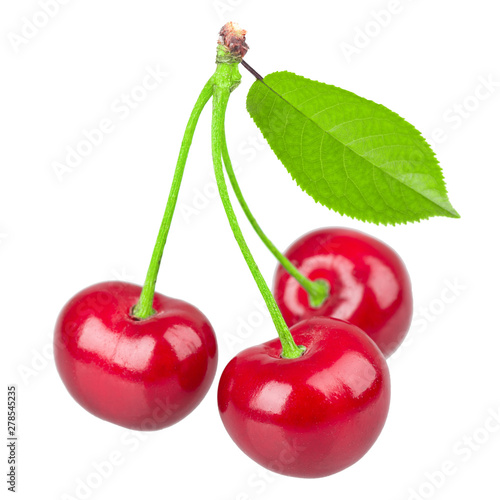Cherry with leaves isolated on white background.