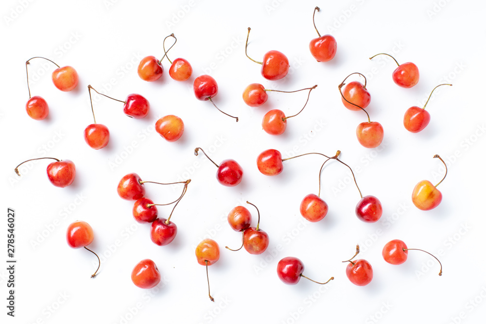 Top view image of fresh ripe red cherries isolated on white background Top view image of fresh ripe red cherries isolated on white background