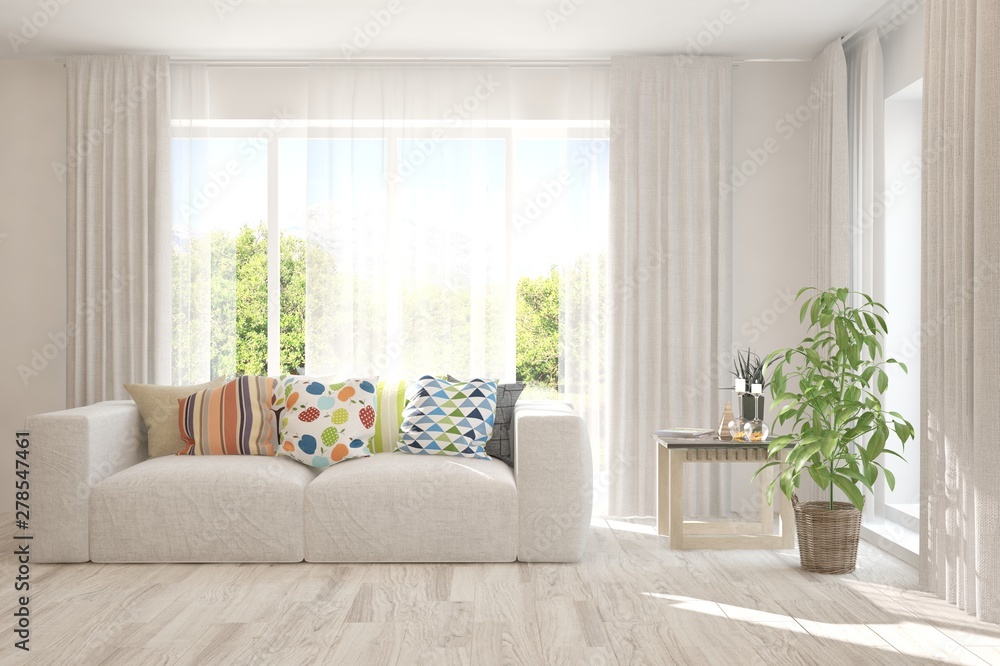 Stylish room in white color with sofa and summer landscape in window. Scandinavian interior design. 3D illustration Stylish room in white color with sofa and summer landscape in window. Scandinavian interior design. 3D illustration