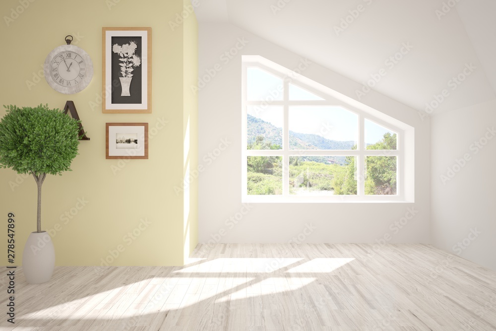 Fototapeta premium Stylish empty room in white color with summer landscape in window. Scandinavian interior design. 3D illustration