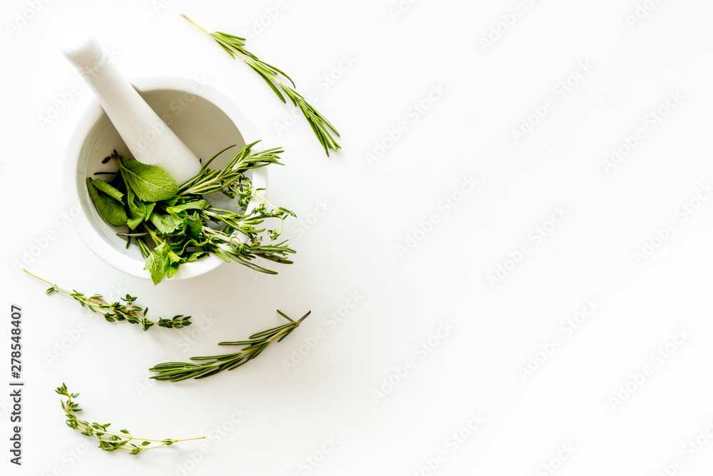 Healing herbs for medicine on white background top view mockup